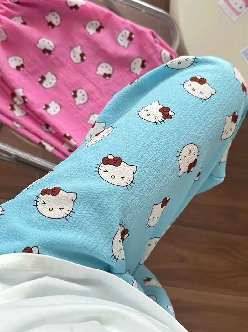 Hello Kitty American Vintage Jeans Wide Leg Pants High Waisted Trousers Straight Pants Sanrio Sweet Embroidery Girl Fashion New