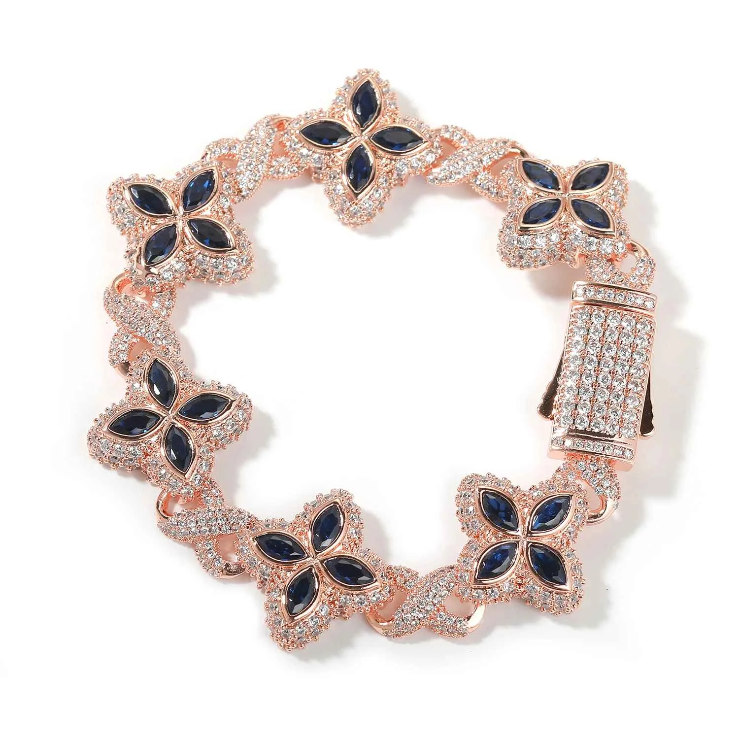 UWIN Iced Baby Blue Baguettecz Floral Infinity Bracelets for Women Men Cubic Zirconia Cuban Link Chain Anklets Fashion Jewelry