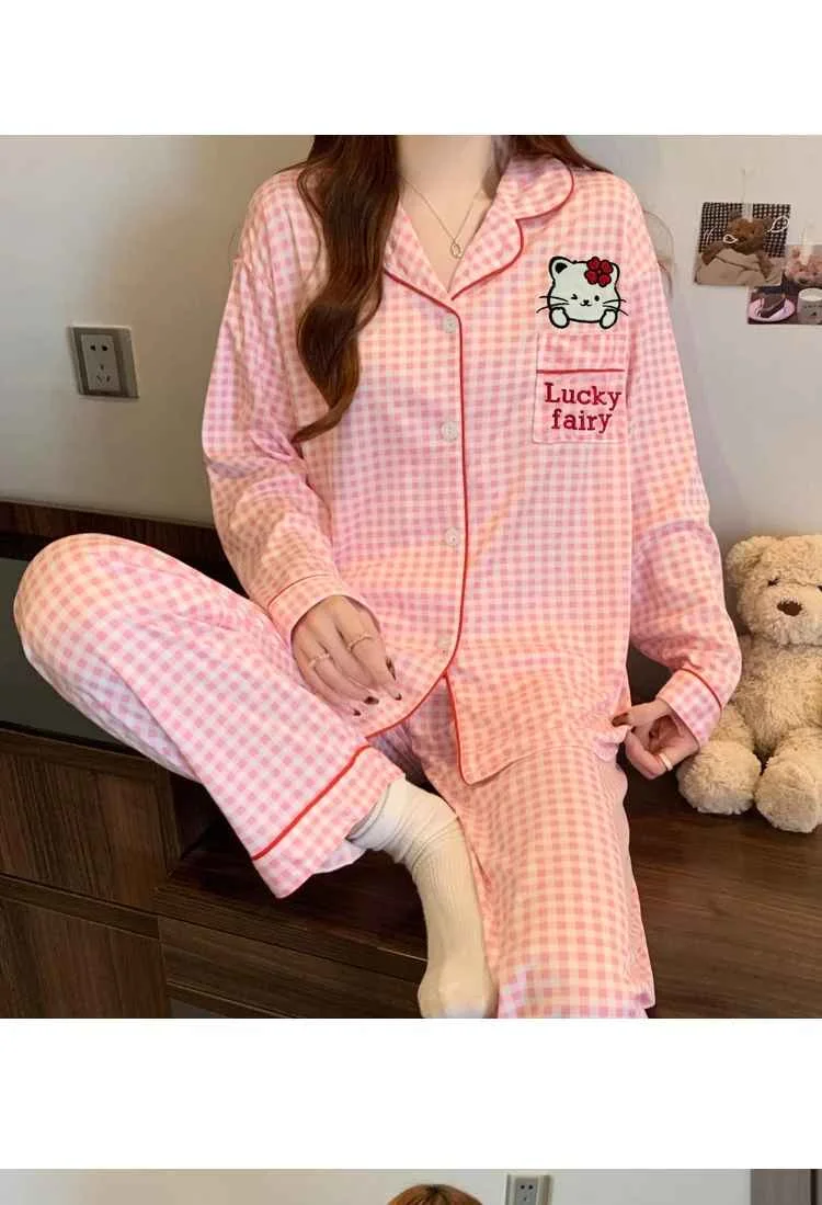 Autumn New Hello Kitty Embroidered Women' S Pajama Set Two- Piece Homewear Y2K Soft Casual Elegant Plaid Loungewear Winter