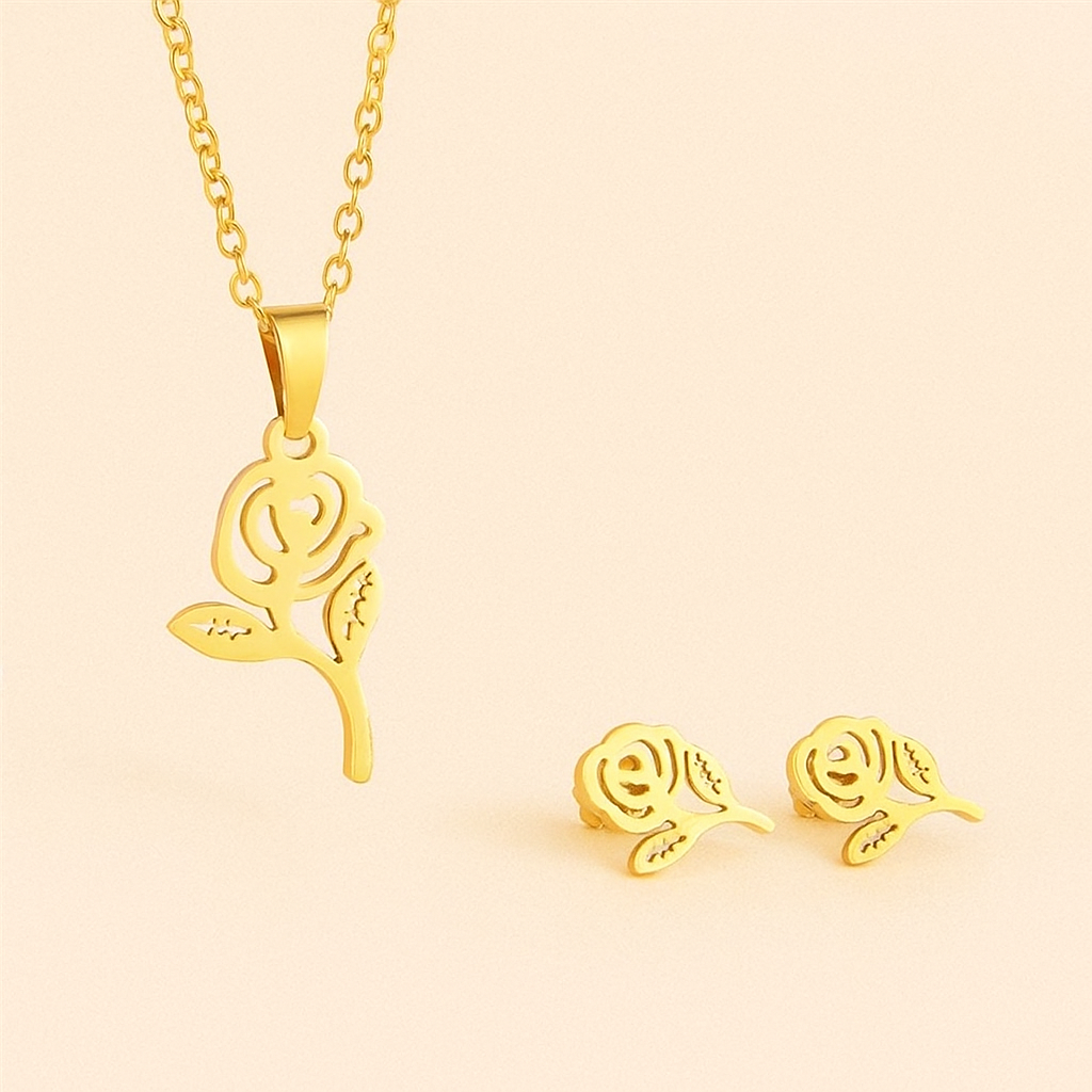 Parure Rose Dorée – Collier & Boucles d’Oreilles 🌹