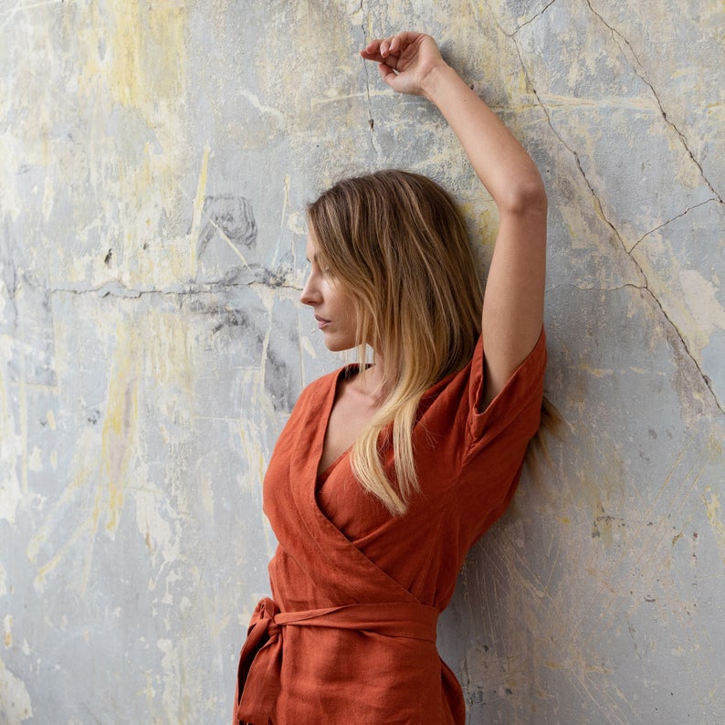 Organic Summer Wrap Linen Dress for Women