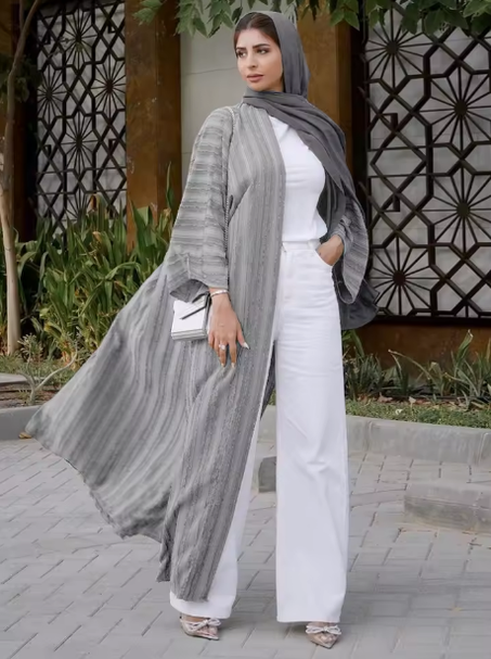 عباية كيمونو إسلامية مفتوحة مخططة بنمط عرقي عتيق، رداء دبي، الشرق الأوسط، المملكة العربية السعودية، ملابس العيد، أسود