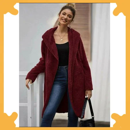 Fashion Solid Dual Pocket Open Front Teddy Coat