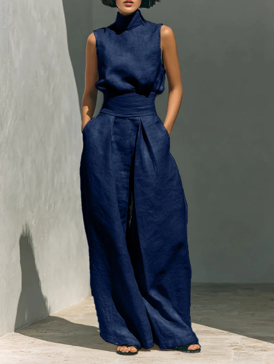 Minimalist Style Sleeveless Breathable Comfortable Set, Minimalist Style High-neck Sleeveless Loose-fit Wide-leg Pants