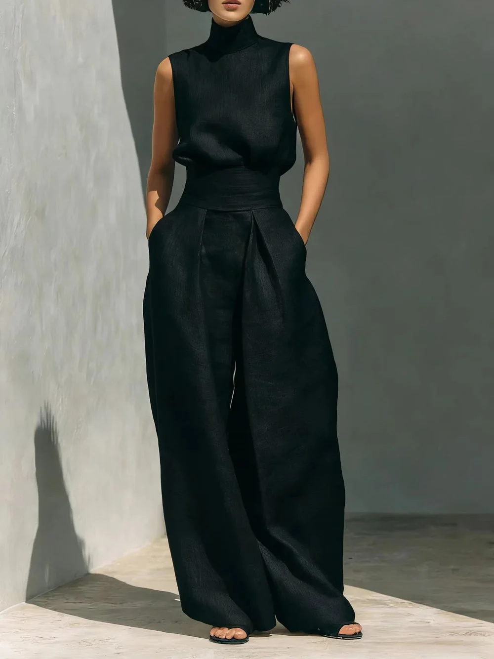 Minimalist Style Sleeveless Breathable Comfortable Set, Minimalist Style High-neck Sleeveless Loose-fit Wide-leg Pants