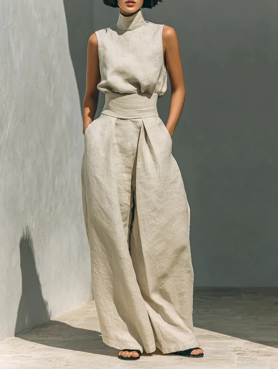 Minimalist Style Sleeveless Breathable Comfortable Set, Minimalist Style High-neck Sleeveless Loose-fit Wide-leg Pants