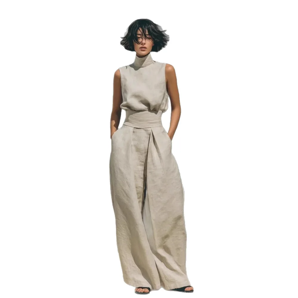 Minimalist Style Sleeveless Breathable Comfortable Set, Minimalist Style High-neck Sleeveless Loose-fit Wide-leg Pants
