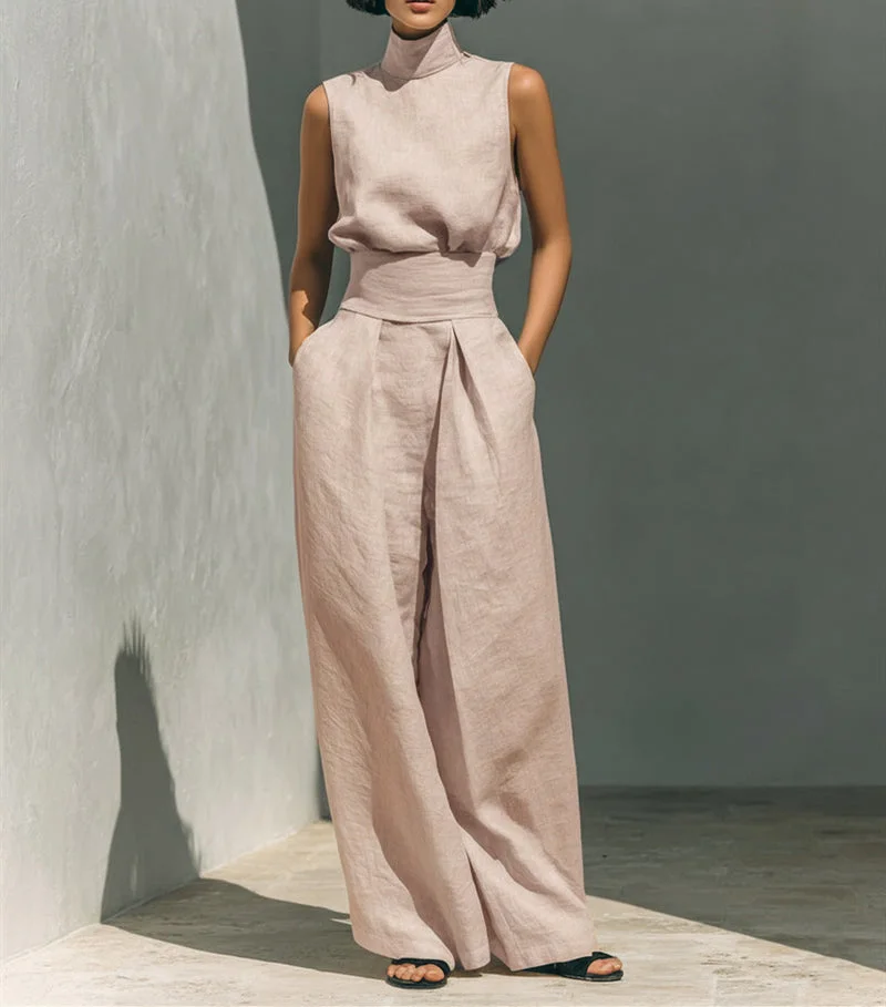 Minimalist Style Sleeveless Breathable Comfortable Set, Minimalist Style High-neck Sleeveless Loose-fit Wide-leg Pants
