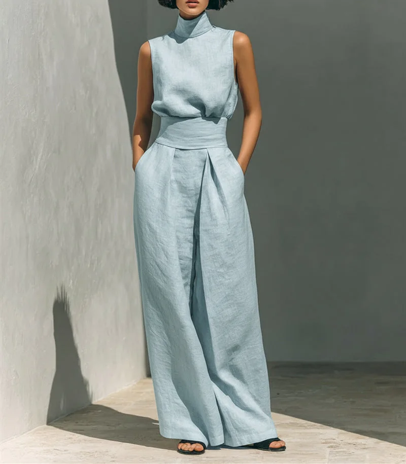 Minimalist Style Sleeveless Breathable Comfortable Set, Minimalist Style High-neck Sleeveless Loose-fit Wide-leg Pants