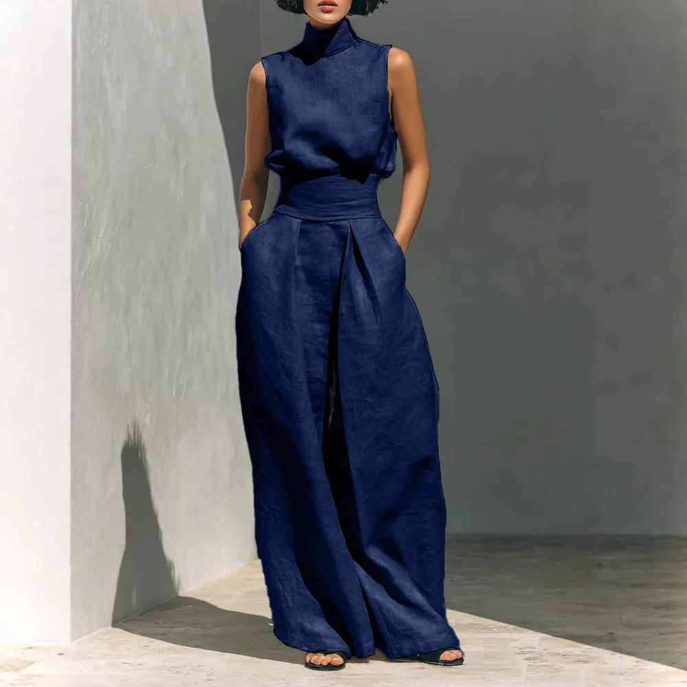 Minimalist Style Sleeveless Breathable Comfortable Set, Minimalist Style High-neck Sleeveless Loose-fit Wide-leg Pants
