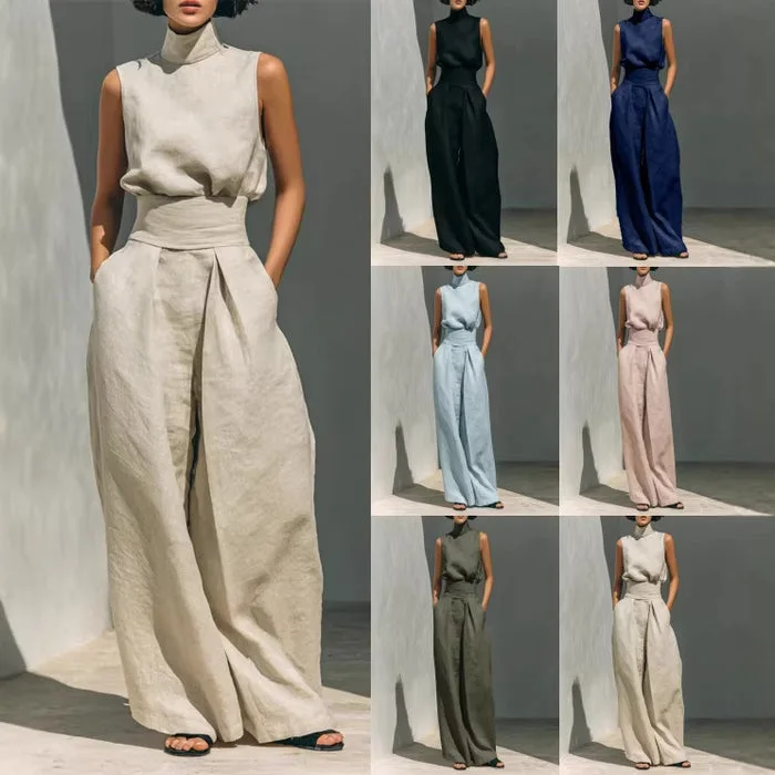Minimalist Style Sleeveless Breathable Comfortable Set, Minimalist Style High-neck Sleeveless Loose-fit Wide-leg Pants