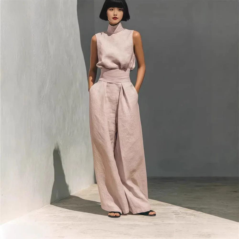 Minimalist Style Sleeveless Breathable Comfortable Set, Minimalist Style High-neck Sleeveless Loose-fit Wide-leg Pants