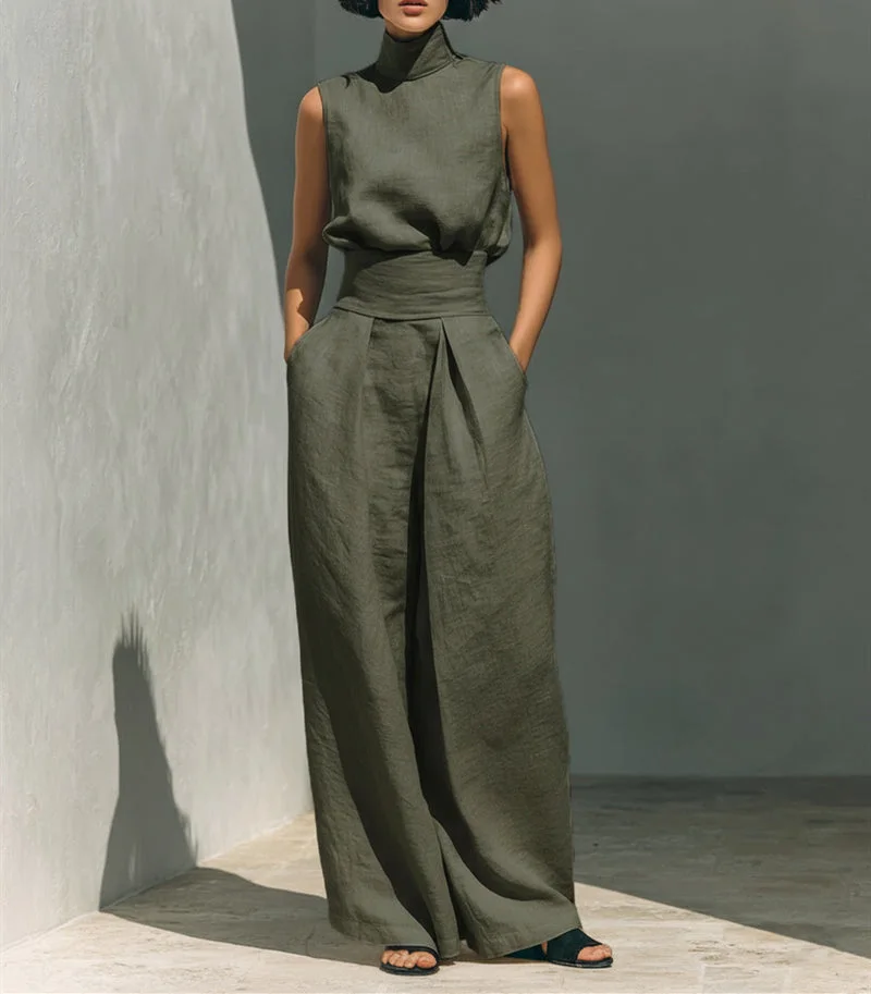 Minimalist Style Sleeveless Breathable Comfortable Set, Minimalist Style High-neck Sleeveless Loose-fit Wide-leg Pants