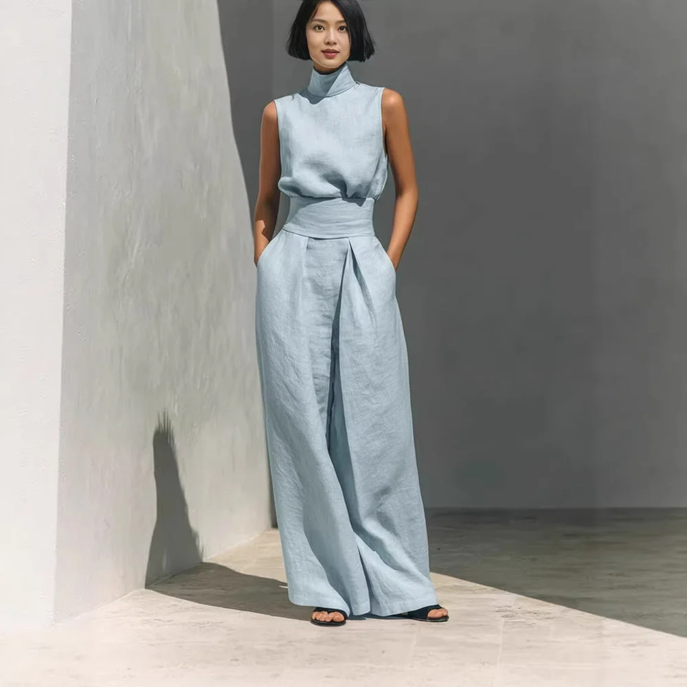 Minimalist Style Sleeveless Breathable Comfortable Set, Minimalist Style High-neck Sleeveless Loose-fit Wide-leg Pants