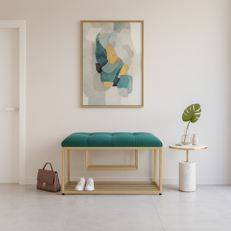 Banc de Rangement Chic pour Entrée – Velours Capitonné & Métal Doré