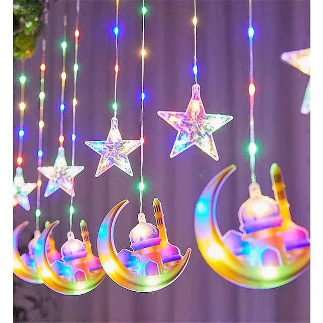 GUIRLANDE LUMINEUSE RIDEAU LUNE ET MOSQUE DECORATION POUR RAMADHAN