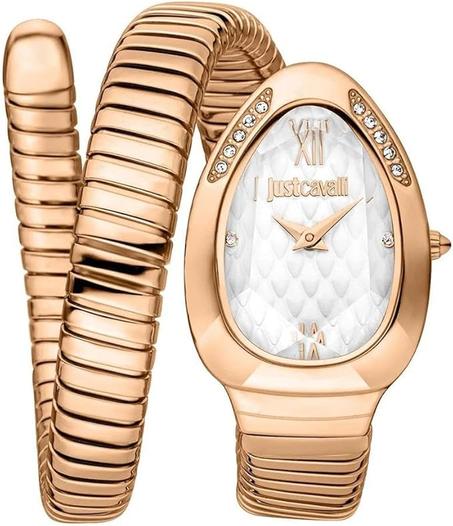 ساعة كوارتز بسوار بتصميم جلد ثعبان مميز للنساء من جست كافالي، بمينا فضة