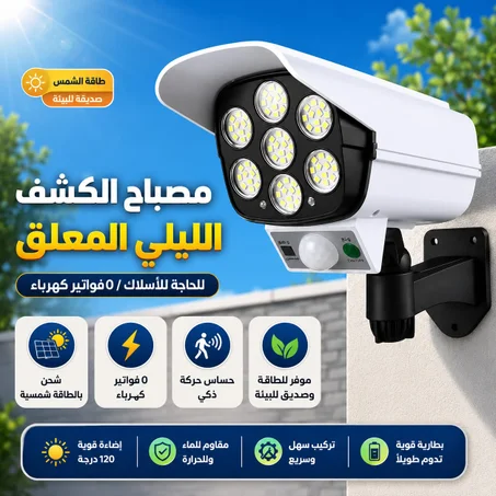 كشاف طاقة شمسية بشكل كاميرا | بحساس حركة وإضاءة قوية
