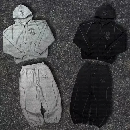 الأمريكية Y2K عادية قلنسوة بسحاب Sweatpant قطعتين مجموعة الهيب هوب المتضخم التطريز بلوزات الرجال النساء سراويل تقليدية