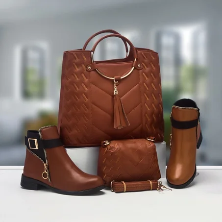 👜 صاك دائري فاخر + 👝 محفظة متناسقة + 👢 بوت أنيق