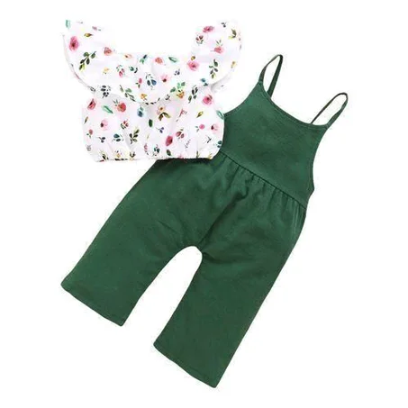 1-5Y Kid Girls Ditsy Floral Blouse Crop Tops Green Cotton Bib Pants