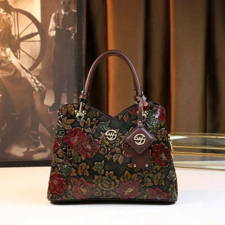 Vintage Floral Embossed Leather Handbag, Elegant Women's Top Handle Bag, Shoulder Bag, Floral Tote Bag for Women, Retro Style Patterned Shoulder Handbag, Ladies Handbag Classic Top Handle Sho