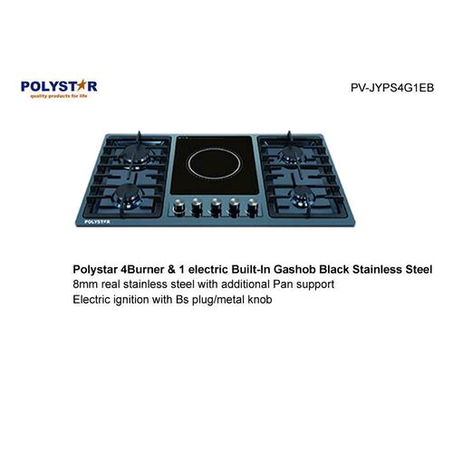 Polystar 4 Gas Burner + 1 Electric Surface Cabinet Cooker Black Stainless