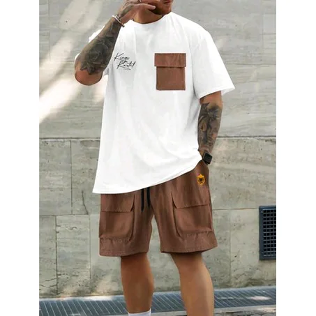 Kingskartel Kings Kartel Stylish Round Neck T-Shirt And Combat Shorts (White And Brown)