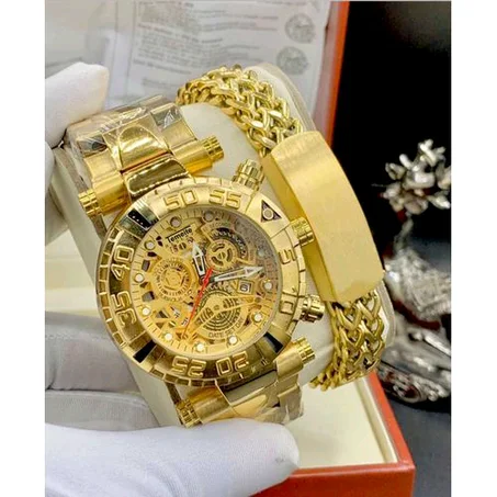 Gold Amire Never Fading Quality Men's Temeite Gold Wrist Watch + Wrist Set For Big Boys
