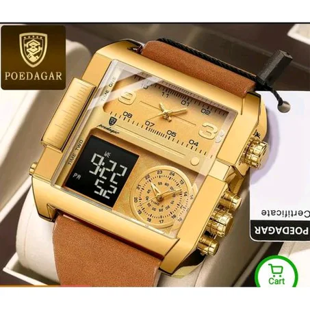 POEDAGAR Very Sophisticated & Rugged Digital/Analog Italian Brown Leather Wristwatch