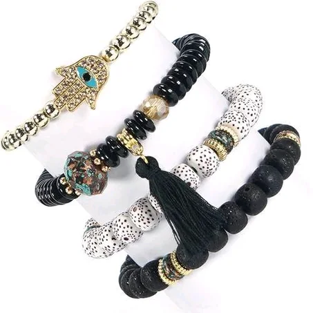 4Pcs Black Bohemian Beaded Multilayer Bracelet For Women