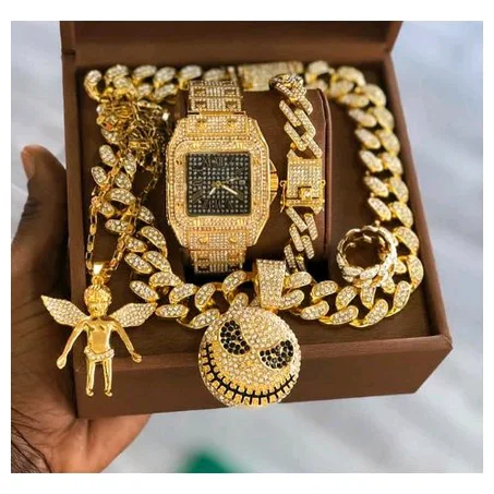 Keep Moving Top Selling Iced Studded Collection Of Solid WristWatch + Necklace,Rings & Bracelet For Big Boys