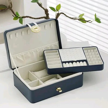 Blue Leather Jewelry Storage Box And Organizer