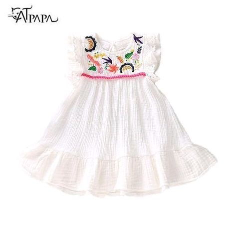 Catpapa Infant Baby Girls Cotton Linen Ruffler Sleevless Delicated Embroidery Swing Dress