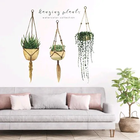 Hanging Plant Wall Stickers Set, Tropical Home Decor for Living Room