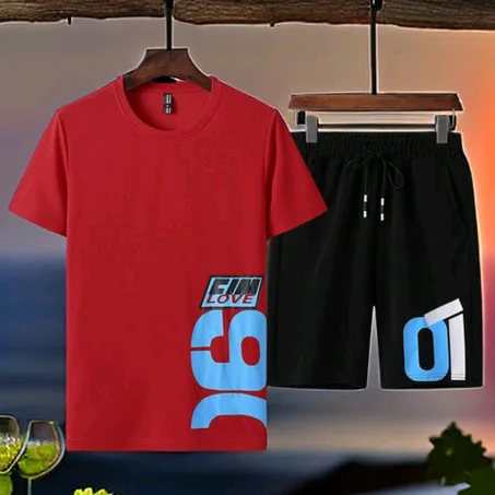 2 Piece Men's Round Neck Short Sleeve Polo Shirt & Shorts-Red