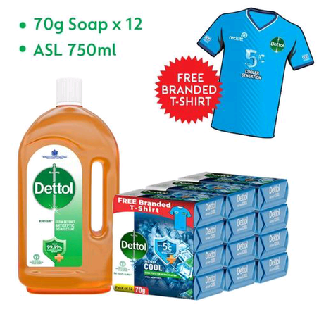 Dettol Dettol cool 70g pack of 12+Dettol Antiseptic Liquid 750ml + Free Tshirt