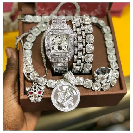 Keep Moving Iced Designed Stylish Rugged Collection Of WristWatch + Iced Necklace,Ring & Bracelet For Women/Men