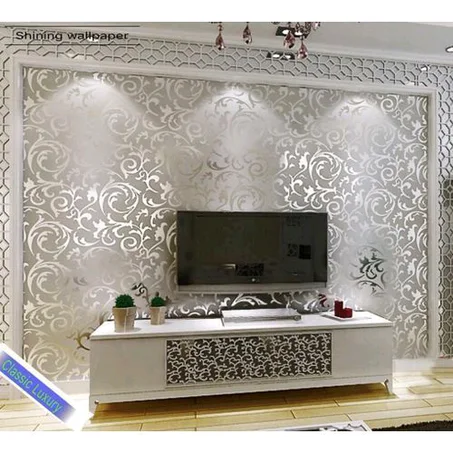 Unique 3D Non-Woven Off White Shinning Flower Wall Paper