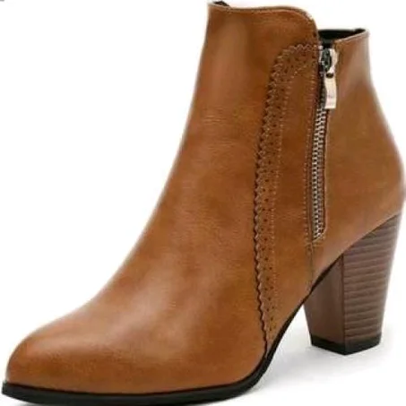 Beautiful Ladies Leather Ankle Zipper Boots - Brown