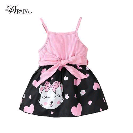 Catpapa Dress For 0-3Years Baby Girl Bow-belt Kitty Cat Sling Dress