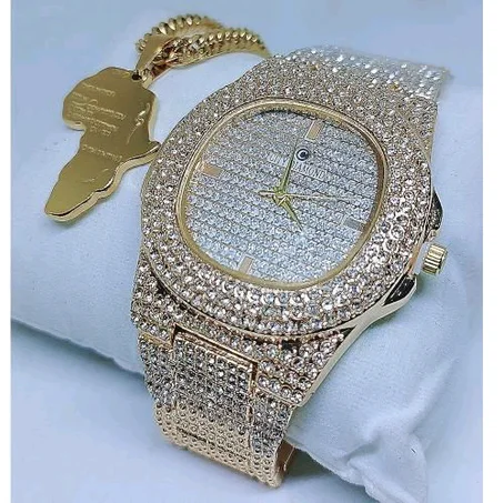 Men Studded Iced Wristwatch Gold With Cuban Link Chain