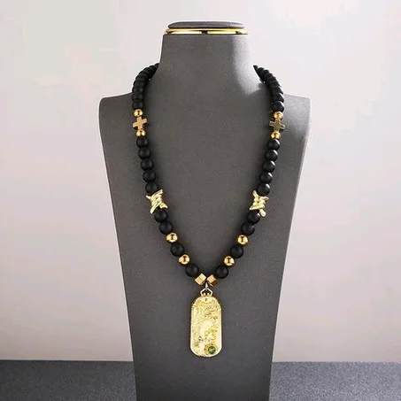 Men Black Gold Mask Necklace Pendant Beads Chain