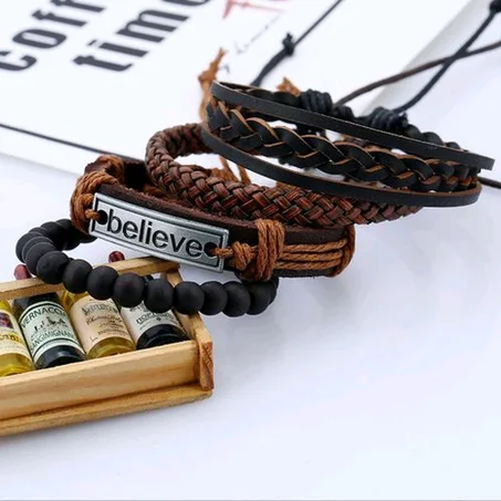 4PCS Leather Mens Multilayer Rope BELIEVE Bracelet