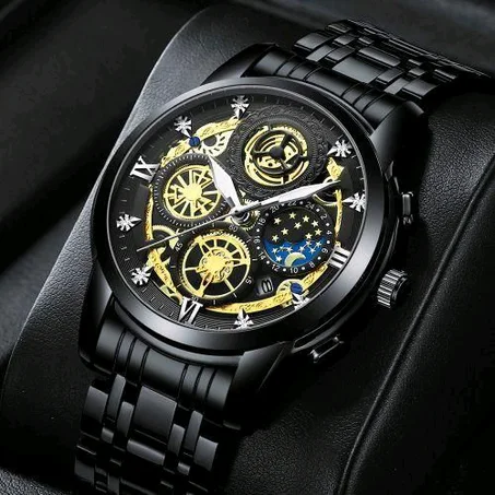 BINBOND BINBOND Men's Fashion Watch Hollow Flywheel Water Diamond Waterproof Calendar Quartz Watch-black