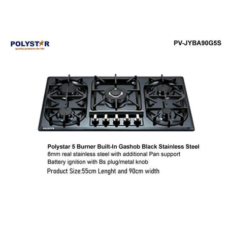 Polystar 5 Burners In-Built Gas Hob Black Stainless Steel.