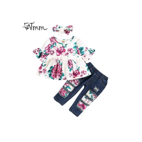 Catpapa 2pcs 1-4Years Kid Girl Floral T-shirt With Hole Shorts Jeans