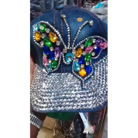 Women's Denim Rhinestone Cap With Colorful Butterfly Design – Adjustable Bling Hat
