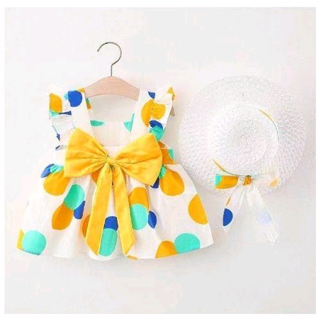 Sleeveless Baby Girl Big Bow Dress Printed Cotton 2-piece Set With Visor—spliced Circle Set