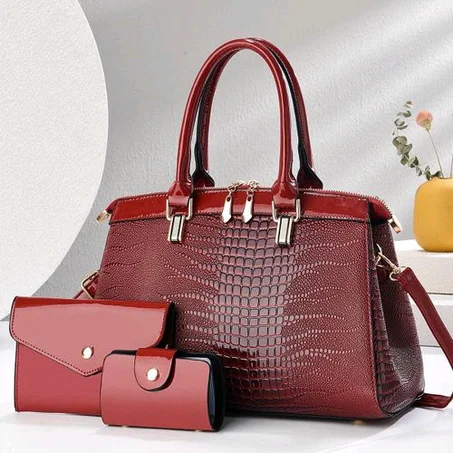 3Set Ladies Deluxe Shoulder Leather Handbag Red